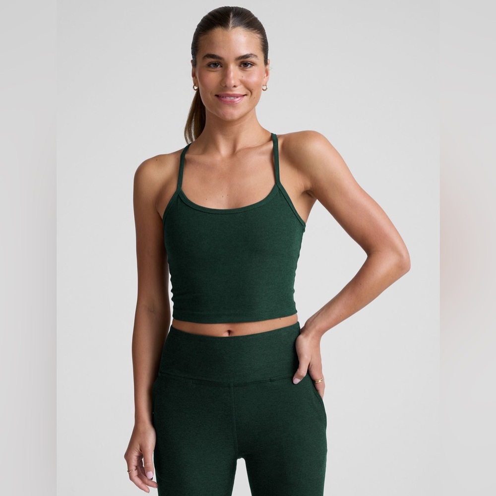 Beyond Yoga Spacedye Slim Racerback Cropped Tank in Dark Spruce Green Heather